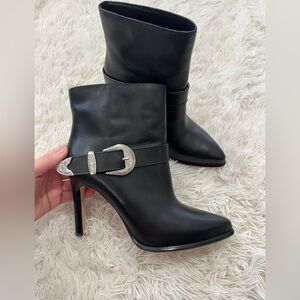 PAIGE Holly Black Leather Western Buckle Pointed Toe Heeled Boots - NWOT Sz 8.5